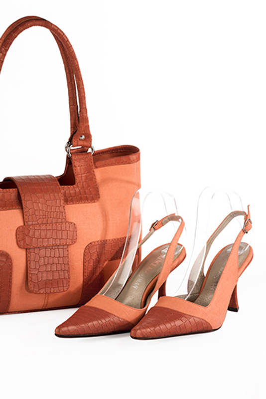 Terracotta orange women's slingback shoes. Pointed toe. High spool heels. Worn view - Florence KOOIJMAN